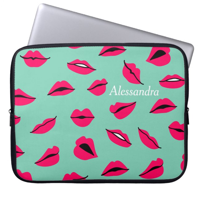 Pop Art Hot Pink Lips Personalized Mint Laptop Sleeve (Front)