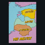 Pop Art Illustrated Baltic States map Poster<br><div class="desc">A stylized map of the Baltic states,  Estonia,  Latvia,  and Lithuania,  rendered in a comic book style. The map is outlined in black and filled with vibrant colours: Estonia is yellow,  Latvia is light green,  and Lithuania is orange. The background is a pink and purple dotted pattern.</div>