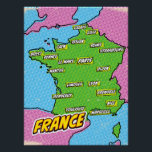 Pop Art Illustrated France map Poster<br><div class="desc">Pop Art Illustrated France European map in a beautiful vintage worn style.</div>