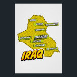 Pop Art Illustrated Iraq map Poster<br><div class="desc">This visually striking map of Iraq is a fusion of geography and pop art. Bold colours,  iconic imagery,  and playful typography come together to create a unique and captivating piece.</div>