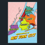 Pop Art Illustrated New York City map Photo Print<br><div class="desc">A stylized map of New York City, rendered in a comic book style. The five boroughs are outlined in bold black lines and filled with vibrant colours: Manhattan (red), Brooklyn (yellow), Queens (orange), The Bronx (green), and Staten Island (purple). Each borough is labelled with its name in a white box...</div>
