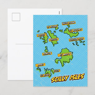 Pop Art Illustrated Scilly Isles map Holiday Postcard