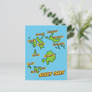 Pop Art Illustrated Scilly Isles map Postcard