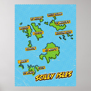 Pop Art Illustrated Scilly Isles map Poster