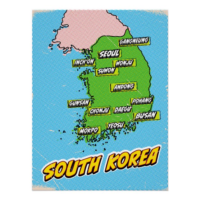 Pop Art Illustrated South Korea map Poster (Front)