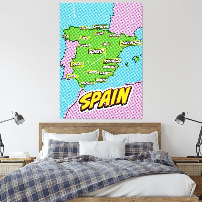 Pop Art Illustrated Spain map Canvas Print (Insitu(Bedroom))