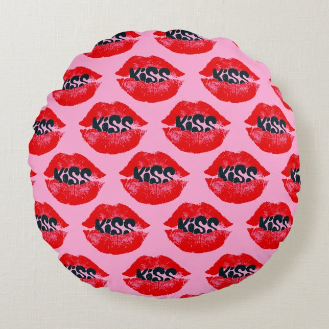 Pop Art Kiss Lips Repeat Round Pillow (Front)