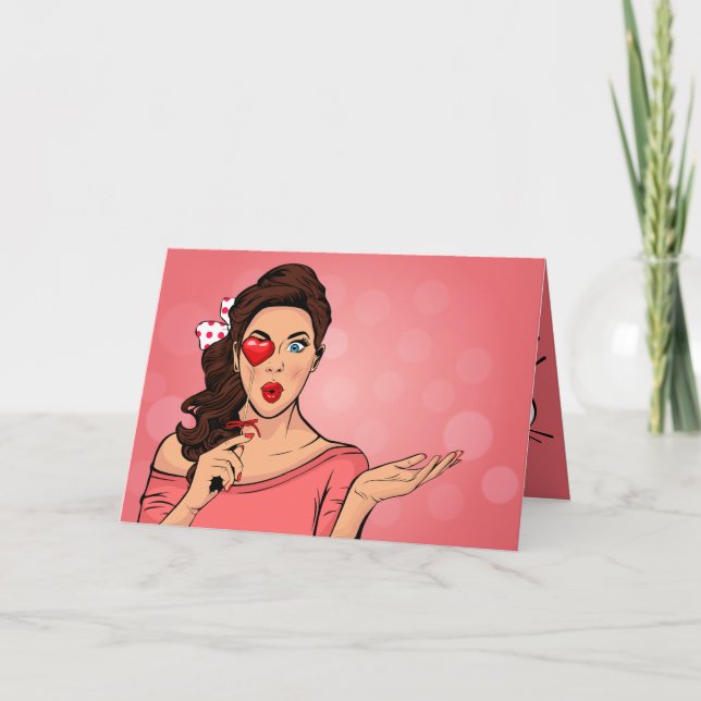 Pop Art Lady Heart Lollipop Valentine Holiday Card (Front)