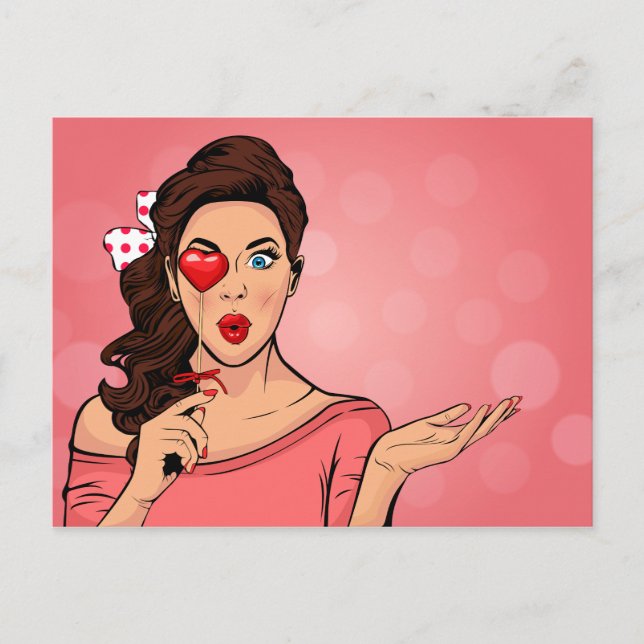 Pop Art Lady Heart Lollipop Valentine Postcard (Front)