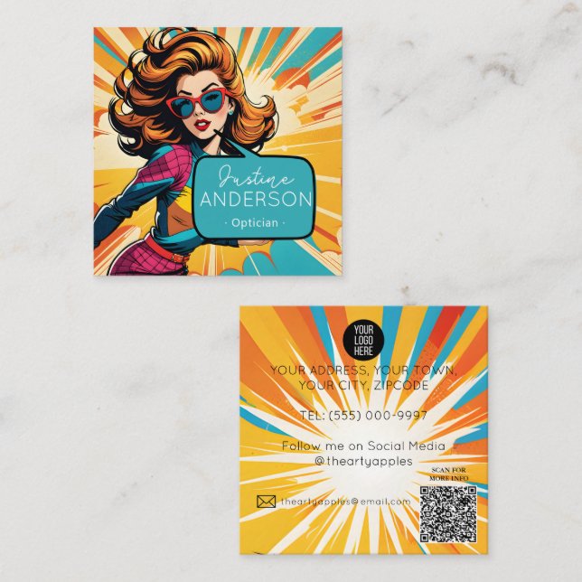 Pop Art Lady with Glasses Optician wow Square Business Card (Front/Back)