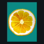 Pop art lemon fruit slice original watercolour poster<br><div class="desc">A cute and colourful vibrant yellow lemon fruit slice from an original painting by artist Sacha Grossel. This large pop art style fruit is yellow and very bright and colourful against a customisable blue teal coloured background. Quirky and original.</div>