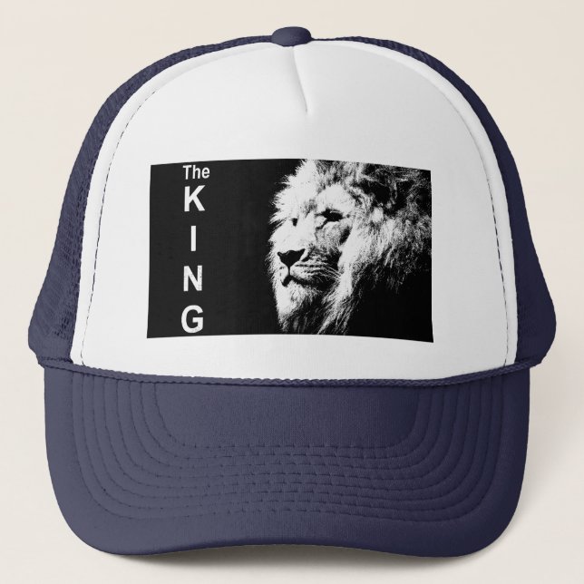 Pop Art Lion Head White Navy Blue Elegant Modern Trucker Hat (Front)