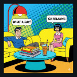 Pop Art Lounge Poster<br><div class="desc">A high-quality graphic of a lounge scene in a pop art style. The lounge features plush, rounded furniture in primary colours and two figures seated on a large yellow sofa with speech bubbles above their heads.</div>