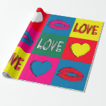 Pop art love wrapping paper<br><div class="desc">Pop art wallpaper for Valentine's Day with heart and lips decoration in colourful squares</div>