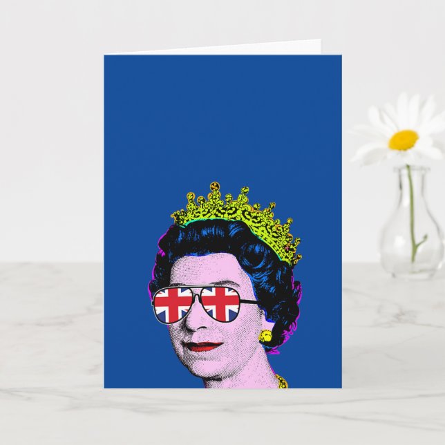 Pop Art Modern Fun HM Queen in Union Jack glasses Card (Small Plant)