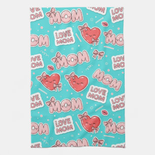 Pop Art MOM Love Pattern in Turquoise (1) Kitchen Towel
