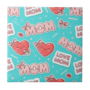 Pop Art MOM Love Pattern in Turquoise (1) Tile