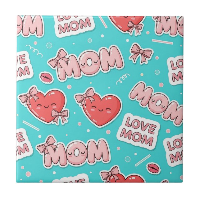 Pop Art MOM Love Pattern in Turquoise (1) Tile (Front)