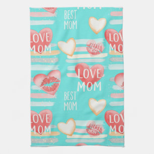 Pop Art MOM Love Pattern in Turquoise (2) Kitchen Towel