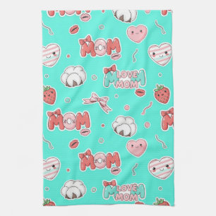Pop Art MOM Love Pattern in Turquoise (3) Kitchen Towel