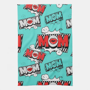 Pop Art MOM Love Pattern in Turquoise (4) Kitchen Towel
