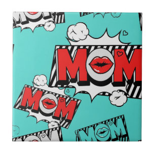 Pop Art MOM Love Pattern in Turquoise (4) Tile