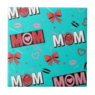 Pop Art MOM Love Pattern in Turquoise (5) Tile