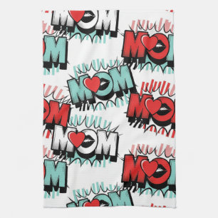 Pop Art MOM Love Pattern in White (1) Kitchen Towel