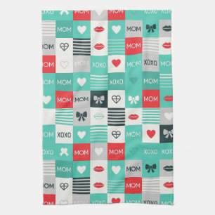 Pop Art MOM Love Pattern with Hearts & Bows (1) Kitchen Towel