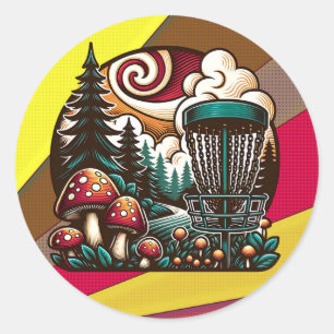 Pop Art Mushrooms and Disc Golf Course Ai Art Classic Round Sticker