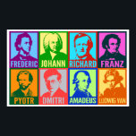 Pop Art Music Composers | Bright Mod Poster<br><div class="desc">Bright colors add a modern pop art spirit to these graphic stylized portraits of famous musical composers. Each portrait is designed featuring two different intense colors and has the artists first name placed below in a bold, clean font. Eight composers are featured: Chopin, Bach, Wagner, Schubert, Tchaikovsky, Shostakovich, Mozart, and...</div>