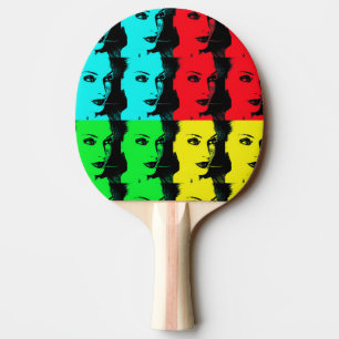 pop art of beautiful woman face, 80s style ping pong paddle