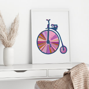Pop Art Old Fashioned Unicycle Pattern in Pink Poster