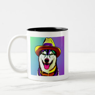 Pop Art Painting of a Husky Dog Wearing a Hat  Cof Two-Tone Coffee Mug
