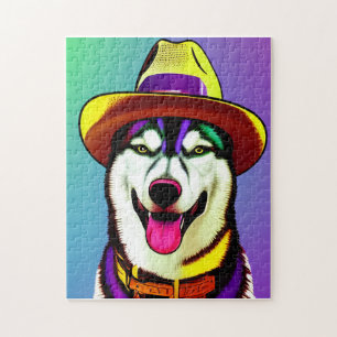 Pop Art Painting of a Husky Dog Wearing a Hat  Jigsaw Puzzle