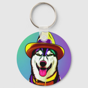 Pop Art Painting of a Husky Dog Wearing a Hat Keychain
