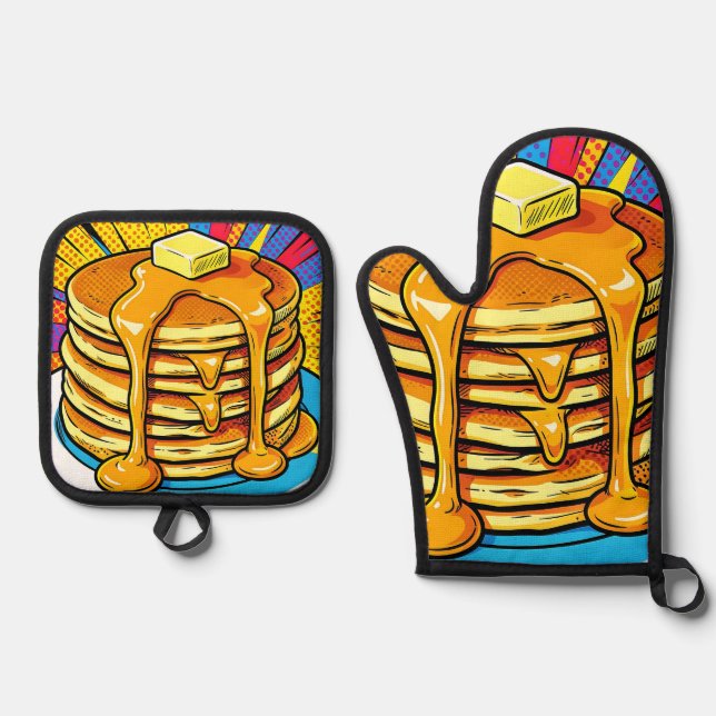 Pop Art Pancake Stack Syrup Oven Mitt & Pot Holder Set (Front)