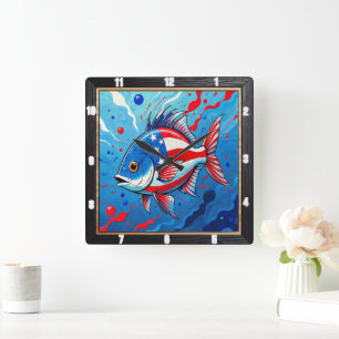  Pop Art Patriotic Fish  Square Wall Clock