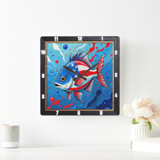 Pop Art Patriotic Fish Square Wall Clock