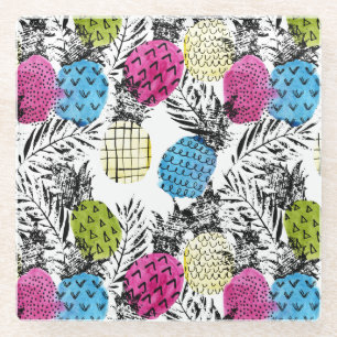 Pop Art Pineapples And Palm Leaves 2 Glass Coaster