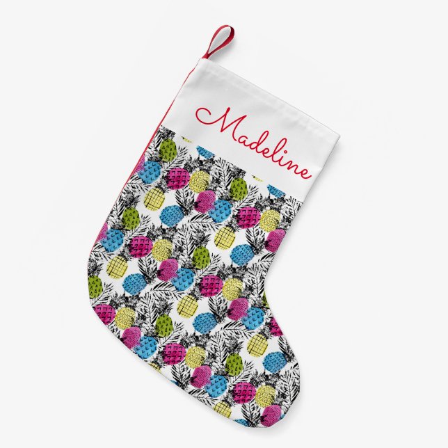 Pop Art Pineapples And Palm Leaves | Add Your Name Small Christmas Stocking (Front (Hanging))