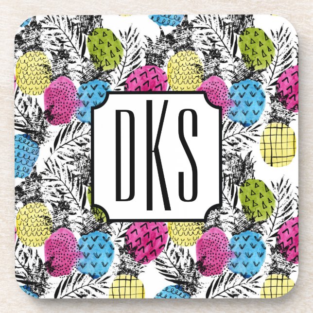 Pop Art Pineapples And Palm Leaves | Monogram Coaster (Front)