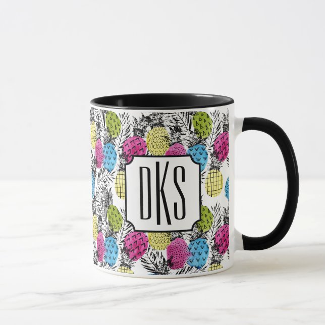 Pop Art Pineapples And Palm Leaves | Monogram Mug (Right)