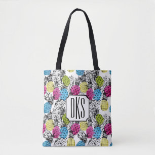 Pop Art Pineapples And Palm Leaves Monogram Tote Bag