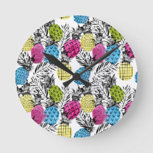 Pop Art Pineapples And Palm Leaves Round Clock
