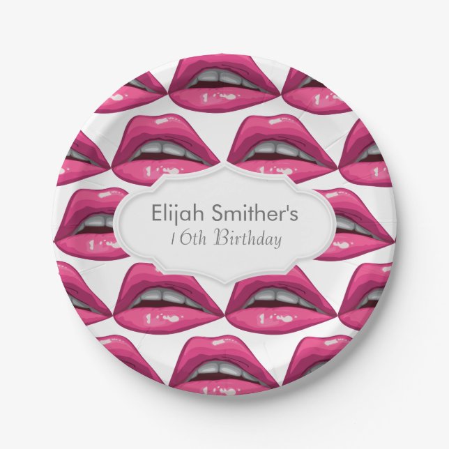 Pop Art Pink Lips Makeup Paper Plate (Front)