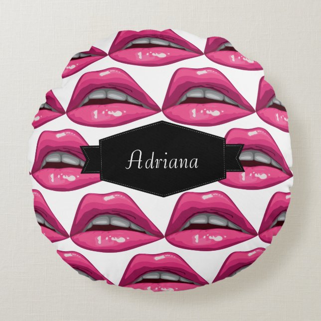 Pop Art Pink Lips Makeup Round Pillow (Front)