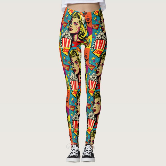 pop art popcorn girl leggings (Front)