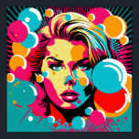 Pop Art Portrait - Vibrant Woman's Face Poster Art<br><div class="desc">This striking poster art print features a pop art style portrait of a woman's face, rendered in vibrant colours and bold lines. The woman's features are exaggerated, with bright pink lips and bold, black lashes that make her gaze irresistible. The background is filled with vibrant hues that add to the...</div>