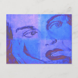 Pop Art Postcard with Vintage Female Face in Blue